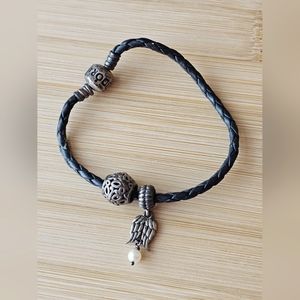 Pandora bracelet leather braided with 2 charms,  wings with pearl and butterfly